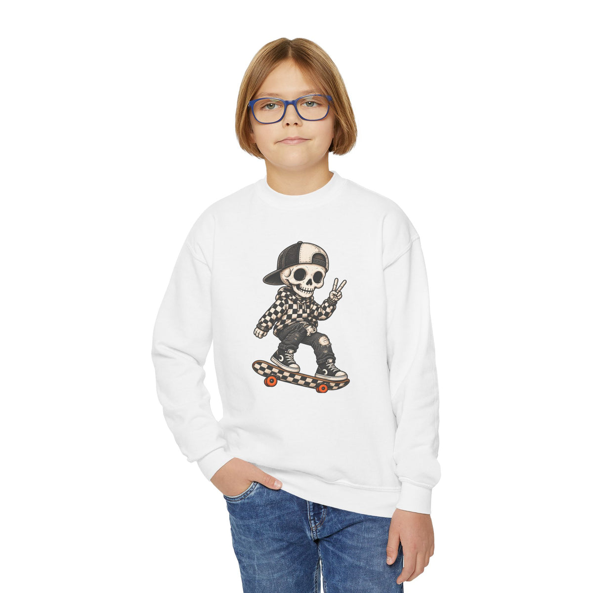 Youth Skeleton Skateboarding Crewneck Sweatshirt
