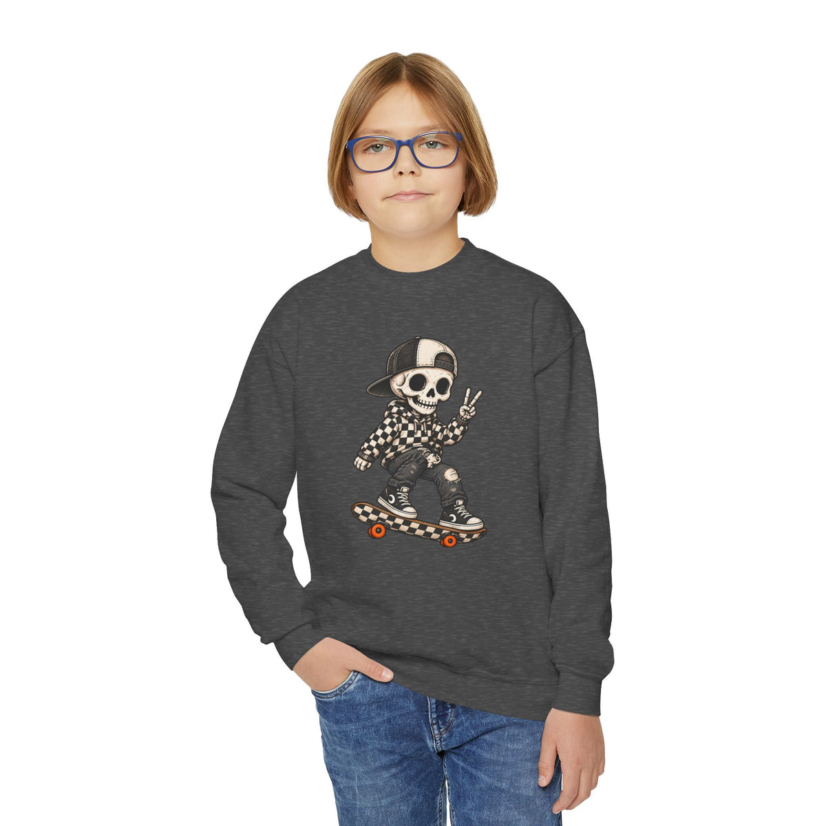 Youth Skeleton Skateboarding Crewneck Sweatshirt