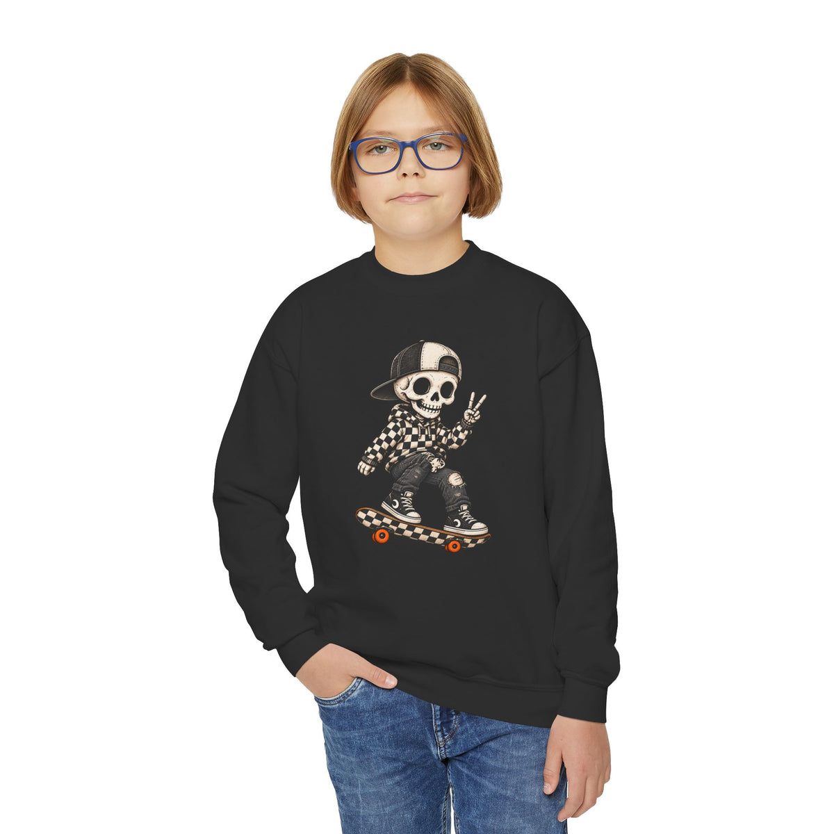 Youth Skeleton Skateboarding Crewneck Sweatshirt